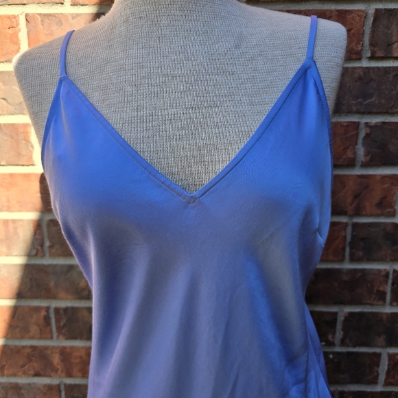 Express Satin V-Neck Downtown Cami Blue Slip Dress Size Medium Slits - Picture 2 of 11